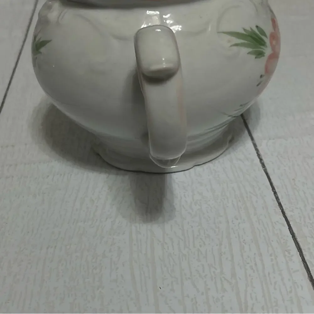 Vintage Pink Floral Teapot White Ceramic Cottage Decor